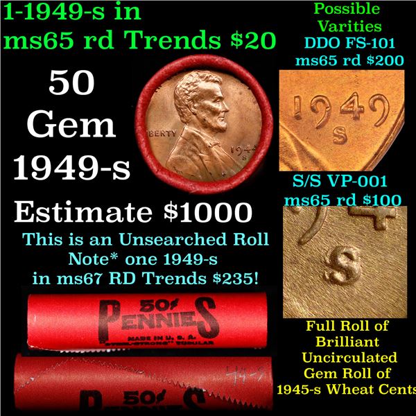 Rare BU Shotgun Lincoln 1c roll, 1949-s 50 pcs Steel-Strong Wrapper 50c