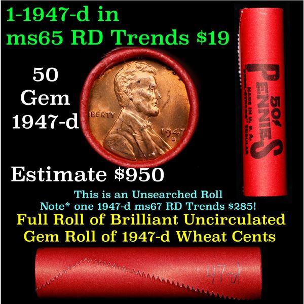 BU Shotgun Lincoln 1c roll, 1947-d 50 pcs Steel-Strong Wrapper 50c