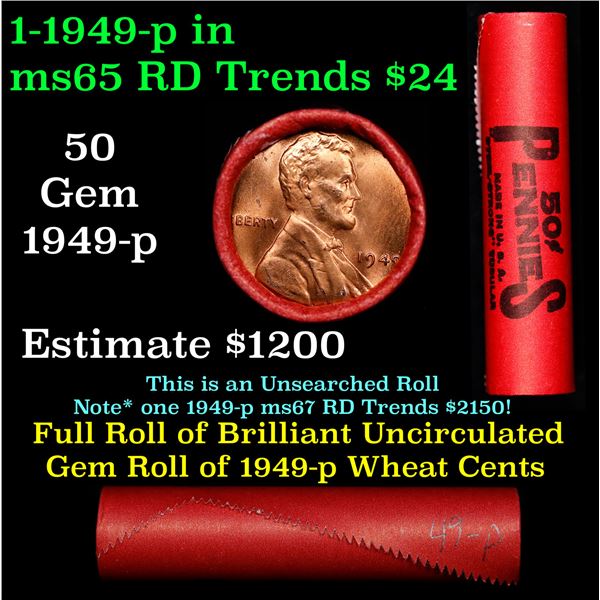 ***Auction Highlight*** Ultra Rare BU Shotgun Lincoln 1c roll, 1949-p 50 pcs Steel-Strong Wrapper 50