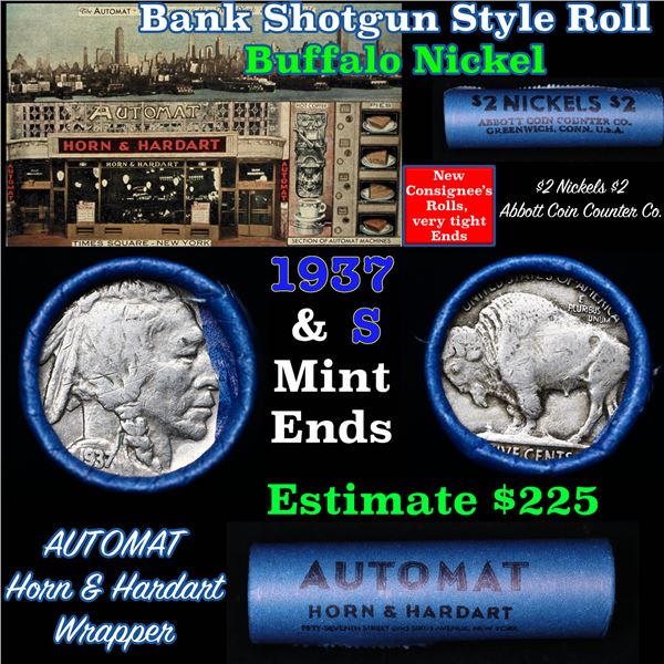 Buffalo Nickel Shotgun Roll in Old Bank Style ' Abbott Coin Counter' Wrapper 1937 & S Mint Ends