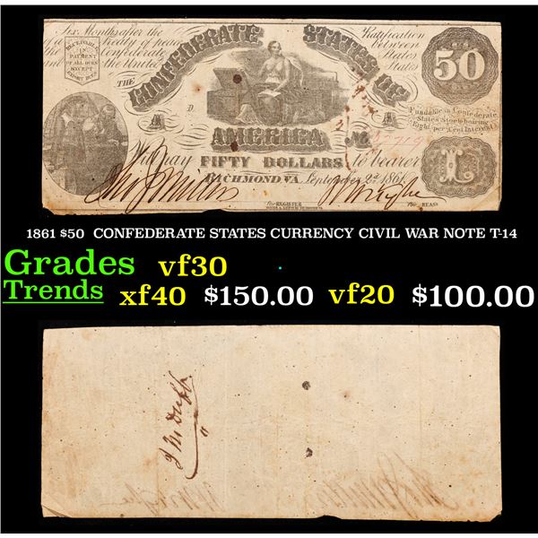 1861 $50  CONFEDERATE STATES CURRENCY CIVIL WAR NOTE T-14 Grades vf++