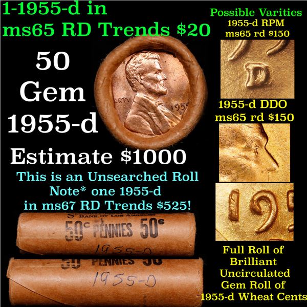 BU Shotgun Lincoln 1c roll, 1955-d 50 pcs Original Security First National Bank Of LA 50 Pennies Wra