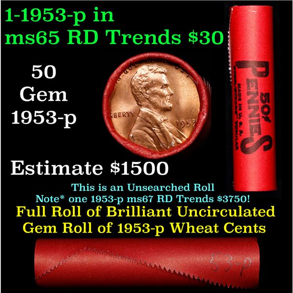 BU Shotgun Lincoln 1c roll, 1953-p 50 pcs Steel-Strong Wrapper 50c