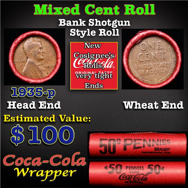 Mixed small cents 1c orig shotgun roll, 1935-p Lincoln Cent, Wheat Cent other end, Coca Cola Wrapper