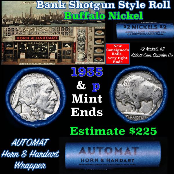 Buffalo Nickel Shotgun Roll in Old Bank Style ' Abbott Coin Counter' Wrapper 1935 & p Mint Ends