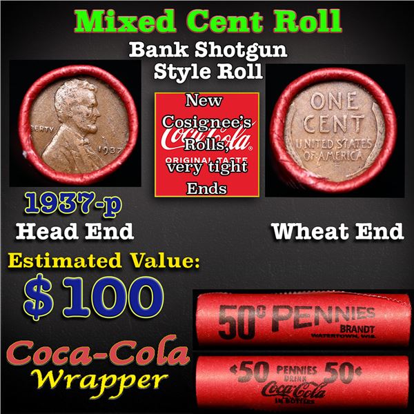 Mixed small cents 1c orig shotgun roll, 1937-p Lincoln Cent, Wheat Cent other end, Coca Cola Wrapper