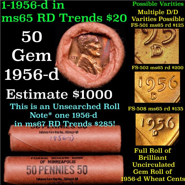 BU Shotgun Lincoln 1c roll, 1956-d 50 pcs Original Federal Reserve Bank OF Minneapolis, MN Wrapper