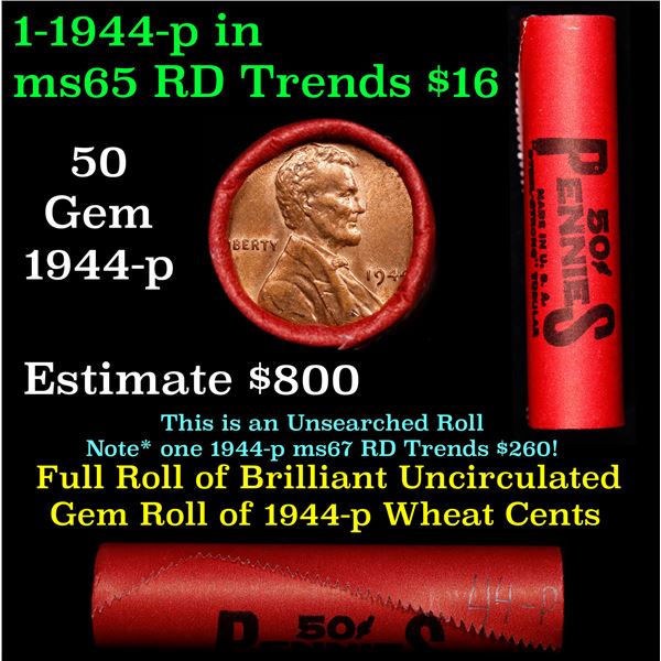 BU Shotgun Lincoln 1c roll, 1944-p 50 pcs Steel-Strong Wrapper 50c