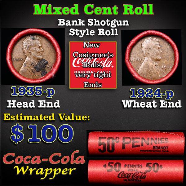 Mixed small cents 1c orig shotgun roll, 1924-p Lincoln Cent, 1935-p Lincoln other end, Coca Cola Wra