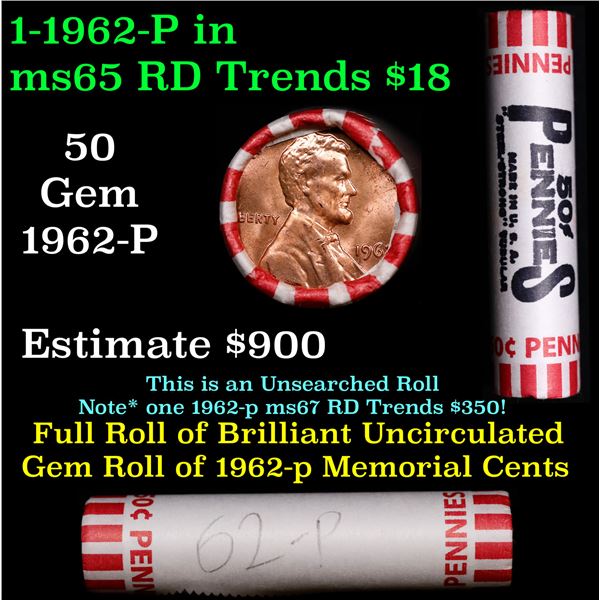 BU Shotgun Lincoln 1c roll, 1962-p 50 pcs Steel-Strong Wrapper 50c