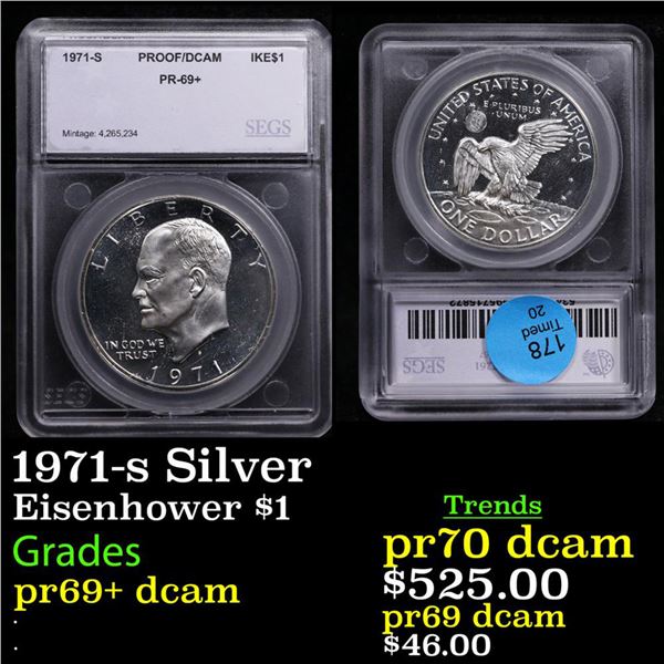 Proof 1971-s Silver Eisenhower Dollar $1 Graded pr69+ DCAM BY SEGS