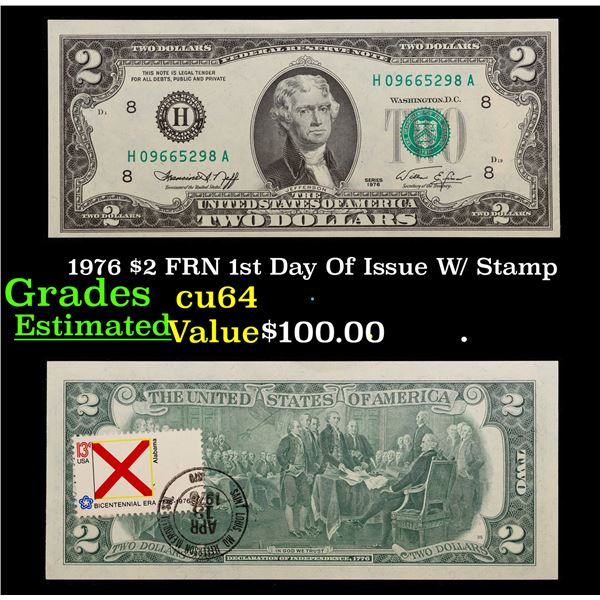 1976 1st Day Of Issue W/ Stamp $2 Green Seal Federal Reserve Note Grades Choice CU