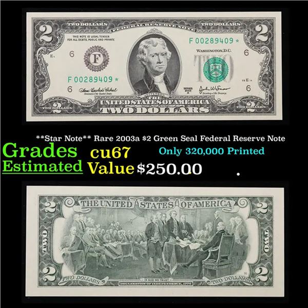 **Star Note** Rare 2003a $2 Green Seal Federal Reserve Note Grades Gem++ CU