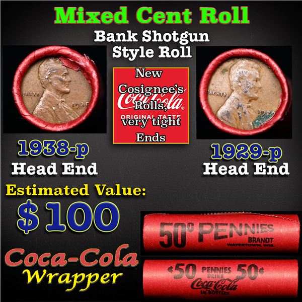 Mixed small cents 1c orig shotgun roll, 1929-p Lincoln Cent, 1938-p Lincoln Other end, Coca Cola Wra