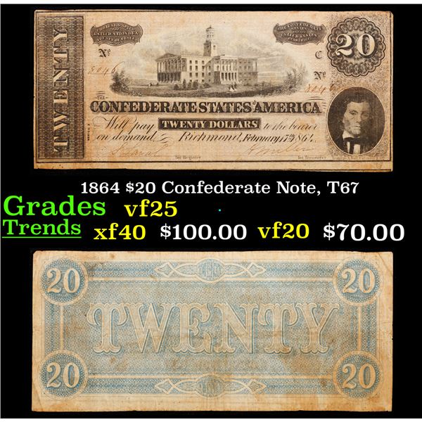 1864 $20 Confederate Note, T67 Grades vf+