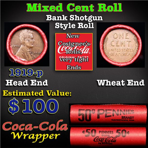 Mixed small cents 1c orig shotgun roll, 1919-p Lincoln Cent, wheat other end, Coca Cola Wrapper