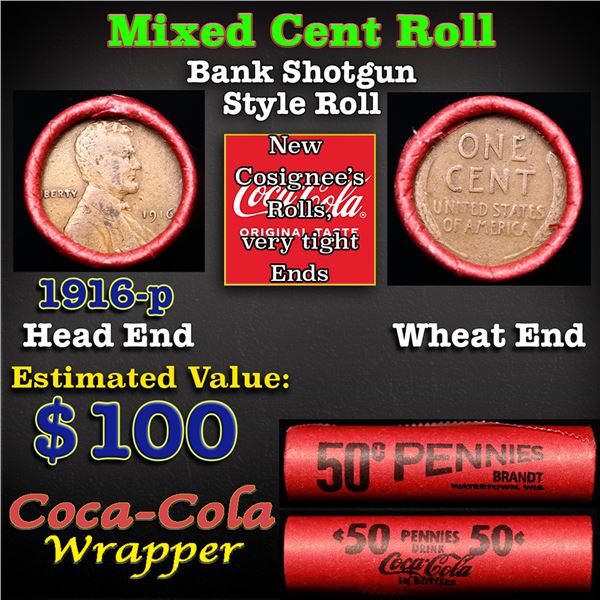 Mixed small cents 1c orig shotgun roll, 1916 Lincoln Cent, Wheat Cent other end, Coca Cola Wrapper