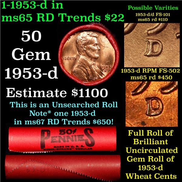 BU Shotgun Lincoln 1c roll, 1953-d 50 pcs Steel-Strong Wrapper 50c