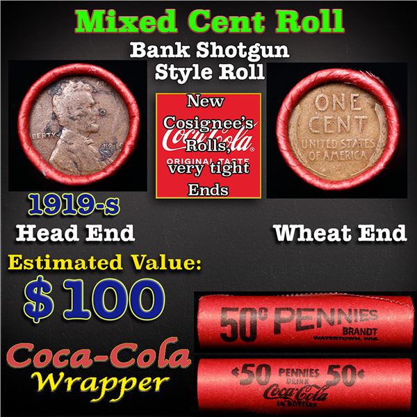 Mixed small cents 1c orig shotgun roll, 1919-p Lincoln Cent, Wheat Cent other end, Coca Cola Wrapper