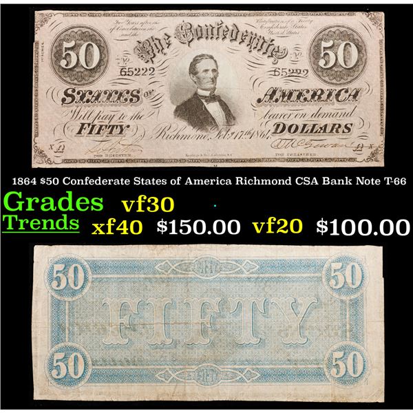 1864 $50 Confederate States of America Richmond CSA Bank Note T-66 Grades vf++