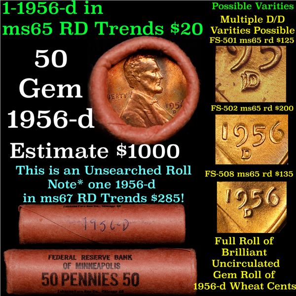 BU Shotgun Lincoln 1c roll, 1956-d 50 pcs Original Federal Reserve Bank OF Minneapolis, MN Wrapper