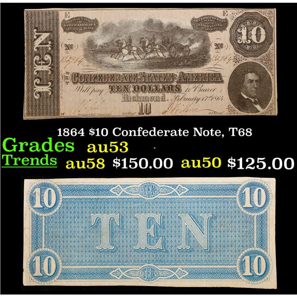 1864 $10 Confederate Note, T68 Grades Select AU