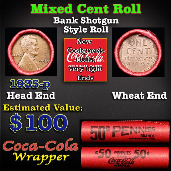 Mixed small cents 1c orig shotgun roll, 1935-p Lincoln Cent, Wheat Cent other end, Coca Cola Wrapper