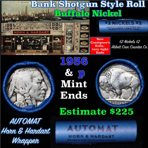 Buffalo Nickel Shotgun Roll in Old Bank Style 'Abbott Coin Counter' Wrapper 1936 & p Mint Ends