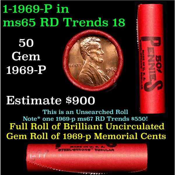 BU Shotgun Lincoln 1c roll, 1969-p 50 pcs Steel-Strong Wrapper 50c