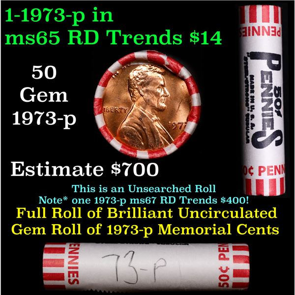 BU Shotgun Lincoln 1c roll, 1973-p 50 pcs Steel-Strong Wrapper 50c