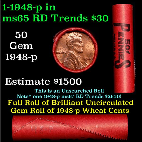 Rare BU Shotgun Lincoln 1c roll, 1948-p 50 pcs Steel-Strong Wrapper 50c