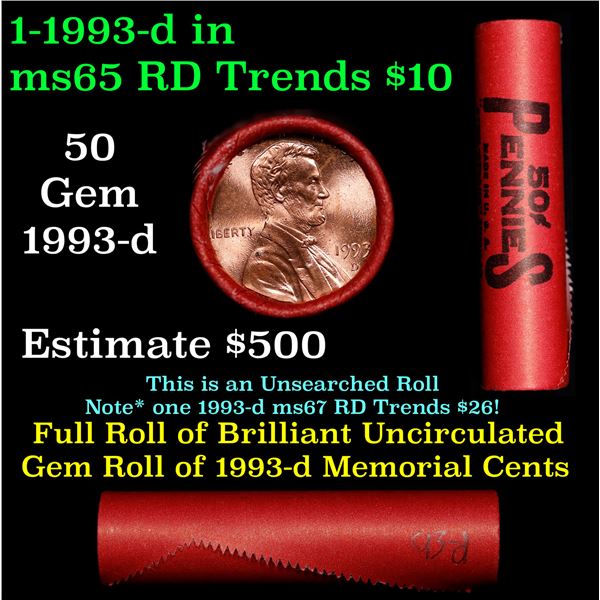 BU Shotgun Lincoln 1c roll, 1993-d 50 pcs Steel-Strong Wrapper 50c