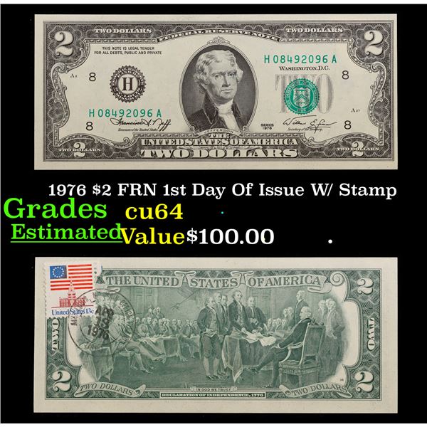 1976 1st Day Of Issue W/ Stamp $2 Green Seal Federal Reserve Note Grades Choice CU