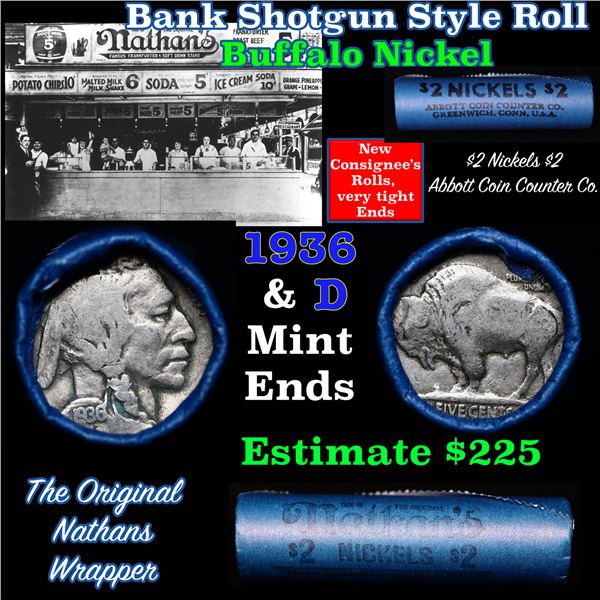 Buffalo Nickel Shotgun Roll in Old Bank Style ' Abbott Coin Counter' Wrapper 1935 & d Mint Ends