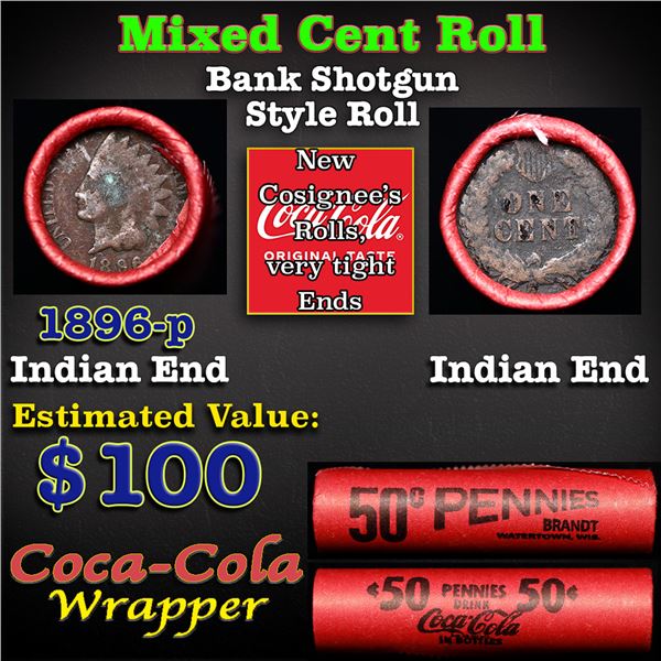 Mixed small cents 1c orig shotgun roll, 1896 Indian Cent, Indian other end, Coca Cola Wrapper