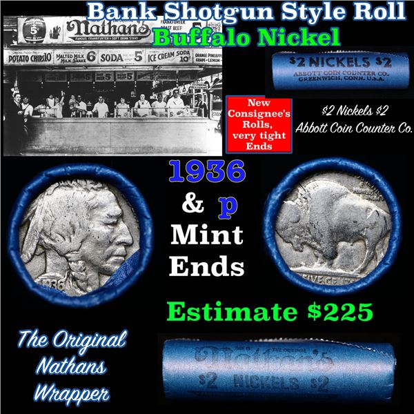 Buffalo Nickel Shotgun Roll in Old Bank Style 'nathens' Wrapper 1936 & p Mint Ends