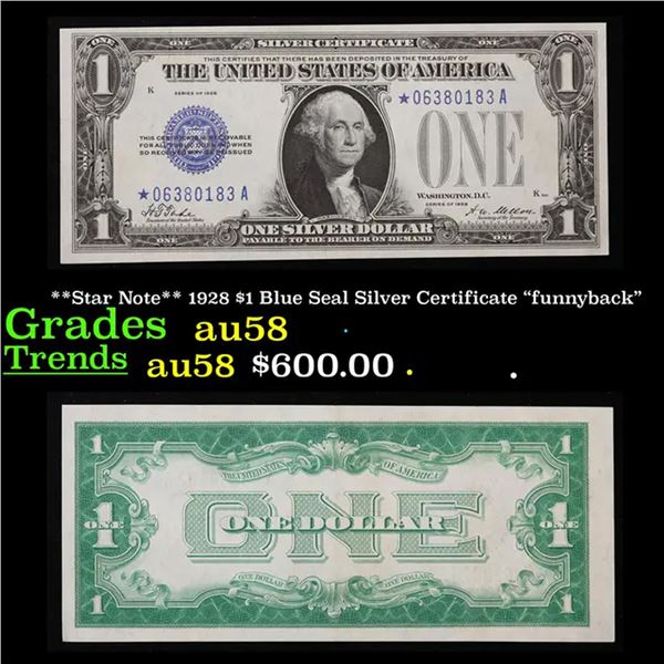 **Star Note** 1928 $1 Blue Seal Silver Certificate  funnyback  Grades Choice AU/BU Slider