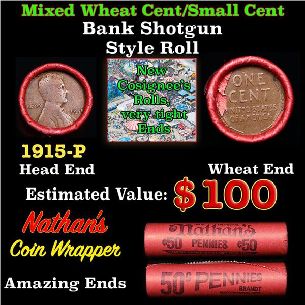 Mixed small cents 1c orig shotgun roll, 1915-p Lincoln Cent, Wheat Cent other end, nathens Wrapper