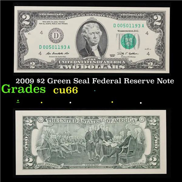 2009 $2 Green Seal Federal Reserve Note Grades Gem+ CU