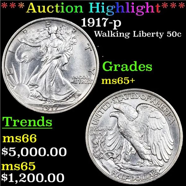 ***Auction Highlight*** 1917-p Walking Liberty Half Dollar 50c Grades GEM+ Unc (fc)