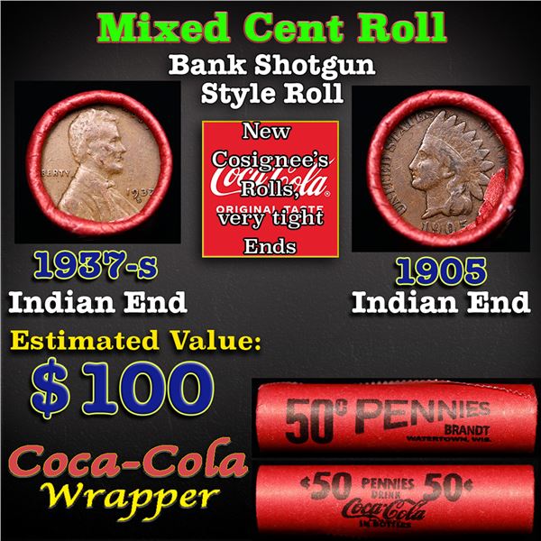 Mixed small cents 1c orig shotgun roll, 1937-s Lincoln Cent, 1905 Indian other end, Coca Cola Wrappe