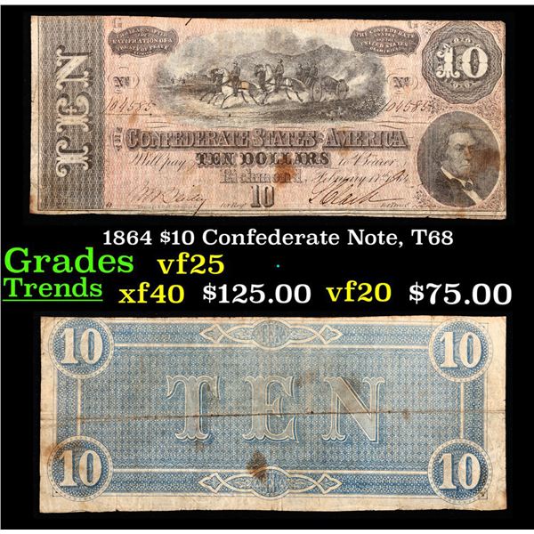 1864 $10 Confederate Note, T68 Grades vf+