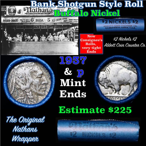 Buffalo Nickel Shotgun Roll in Old Bank Style 'Nathens' Wrapper 1937 & p Mint Ends