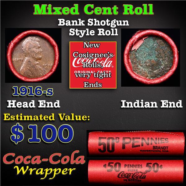 Mixed small cents 1c orig shotgun roll, 1918-p Lincoln Cent, Indian other end, Coca Cola Wrapper