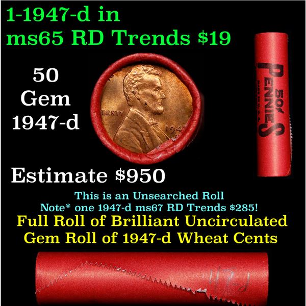 BU Shotgun Lincoln 1c roll, 1947-d 50 pcs Steel-Strong Wrapper 50c