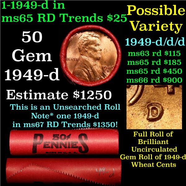 Ultra Rare BU Shotgun Lincoln 1c roll, 1949-d 50 pcs Steel-Strong Wrapper 50c