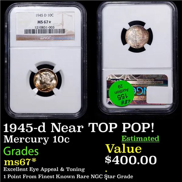 NGC 1945-d Mercury Dime Near TOP POP! 10c Graded ms67* By NGC