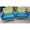 Image 1 : Qty 2 Wooden Armchairs w/ Blue Upholstery & Green Design Back 30"x26"x30"H