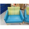 Image 2 : Qty 2 Wooden Armchairs w/ Blue Upholstery & Green Design Back 30"x26"x30"H