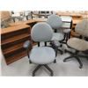 Image 2 : Qty 3 Rolling Office Armchairs, 2 Shelves, Table, Palm Design Box, etc